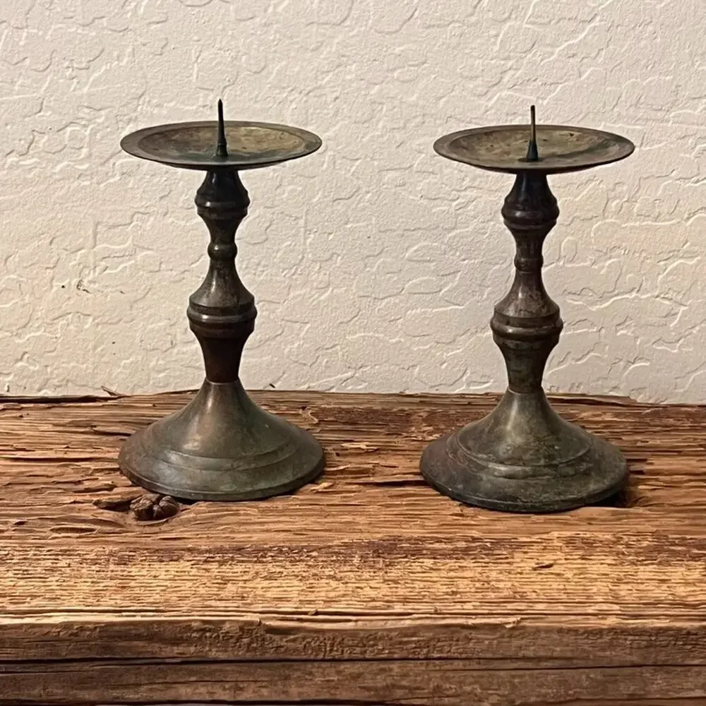 Vintage Brass Pillar Candle Holders Set of 2 Turned Stem Design